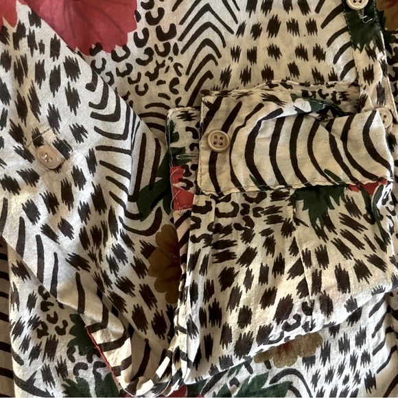 Button Down Brown Leopard Floral Print Cotton Shirt Blouse - Picture 4 of 6